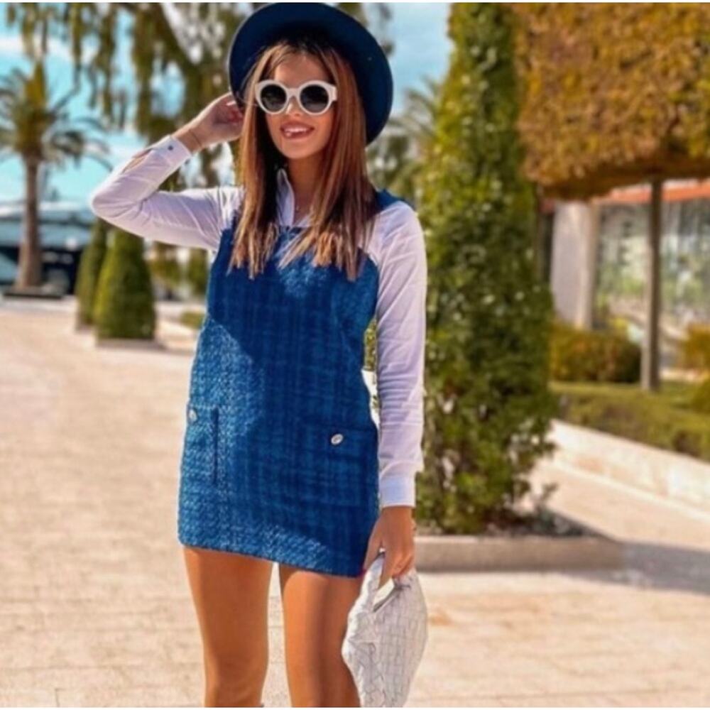 ZARA BLOGGER FAVORITE TEXTURED PINAFORE DRESS BLUE